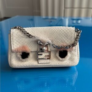 Fendi White Mini Bag with Chain and Fur Accents